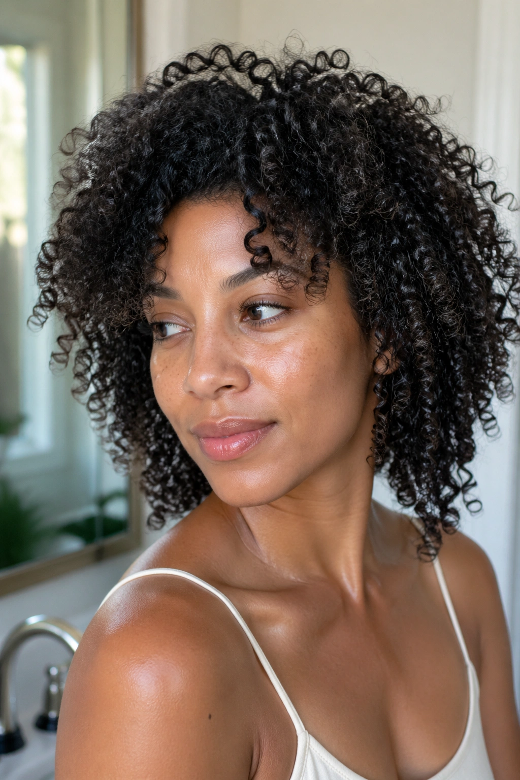 Real woman with wash-and-go curls balanced after diffusing