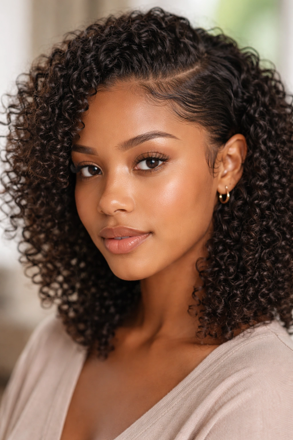 Wash-and-go with soft laid edges on defined curls, close-up