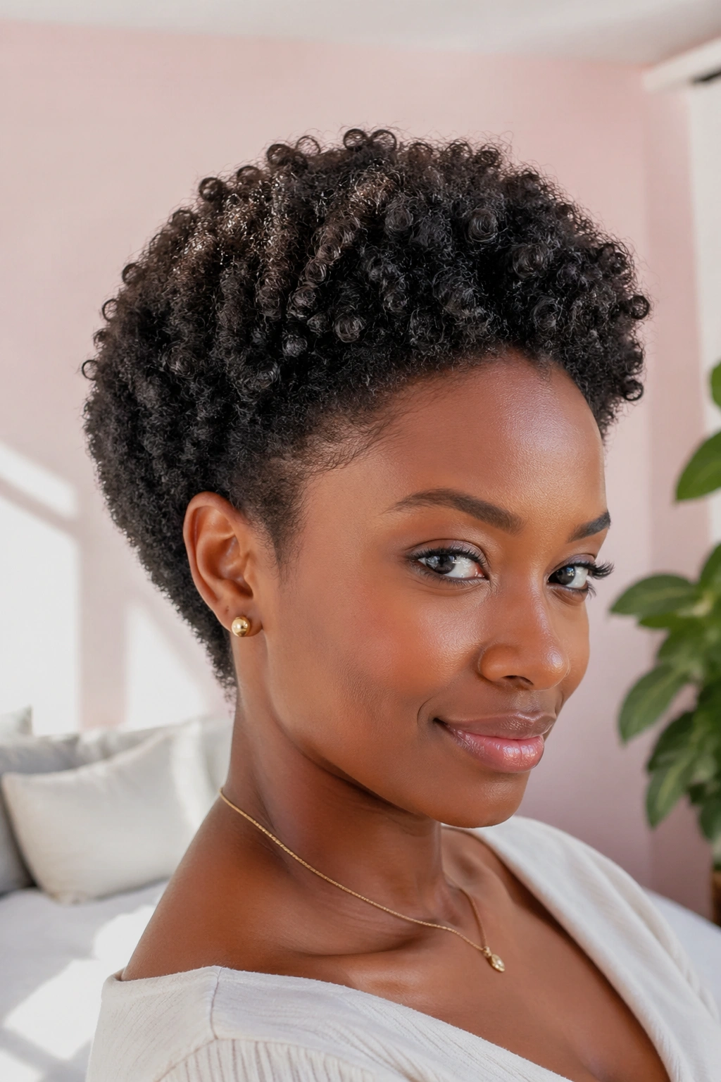 Close-up of a real person with wash-and-go halo crop in bright room