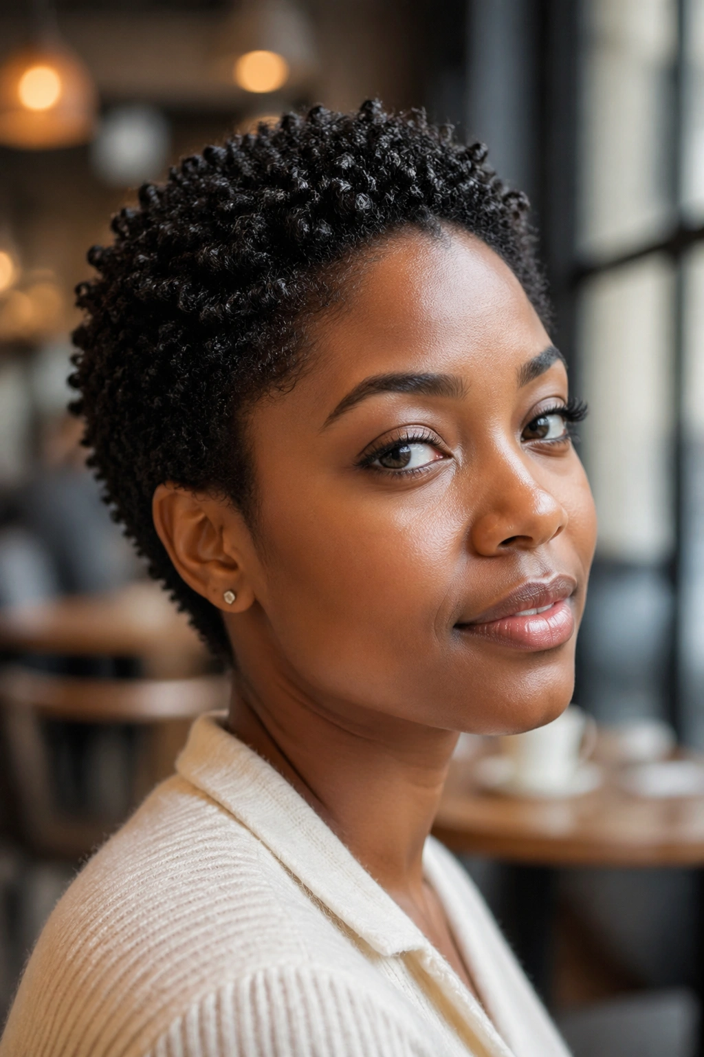 Close-up of a real person with a TWA wash-and-go, curls clumped in natural light