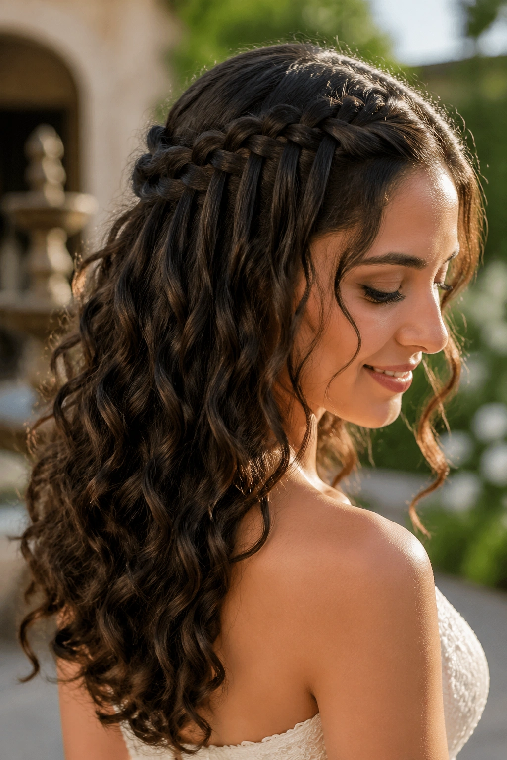 Close-up of a bride with a waterfall braid half-up