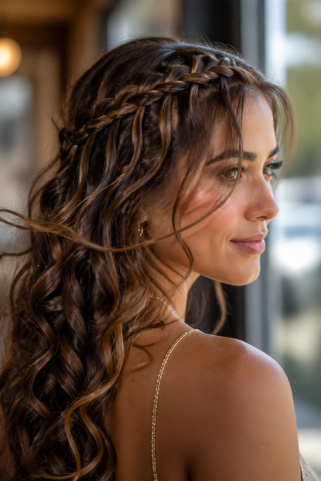 Close-up of a real woman with a waterfall braid half-up hairstyle in a cafe setting
