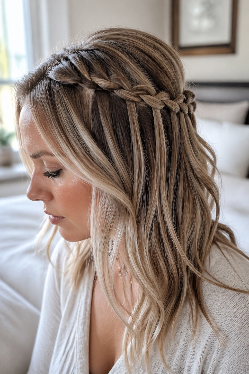 Close-up of a real woman with a waterfall braid half-up hairstyle