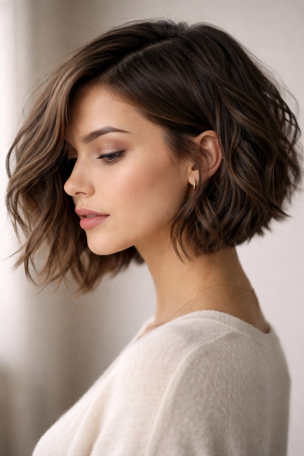 Close-up of a person with a wavy A-line bob and broken perimeter, showing angled back and cheek-area waves.