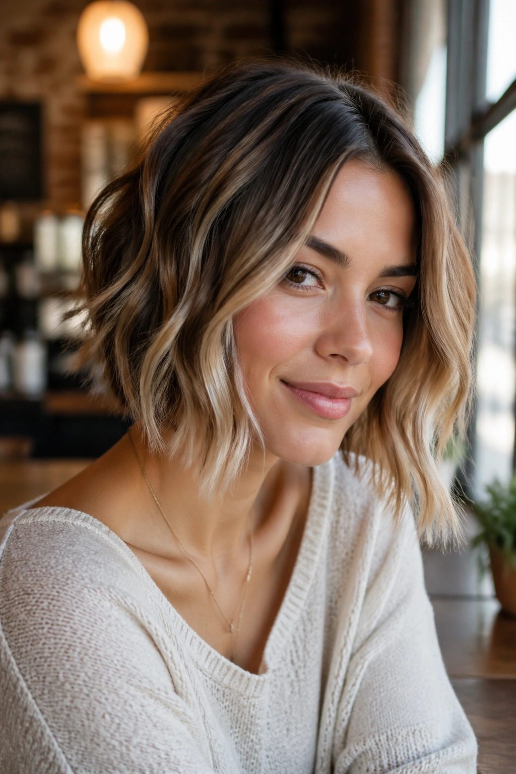 Real woman with a wavy A-line bob and longer front pieces.