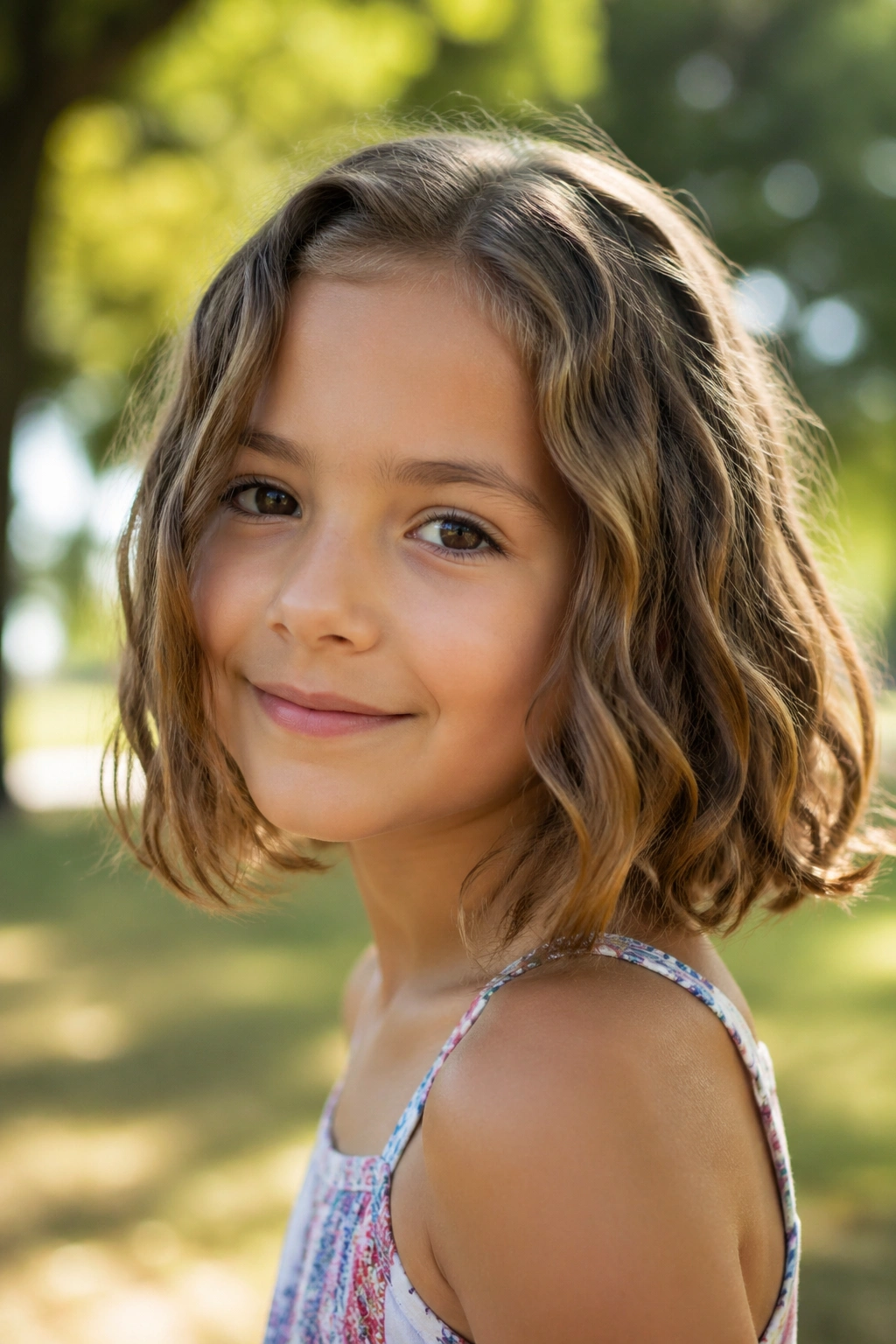 Close-up of a child with a wavy medium bob and air-dried texture.