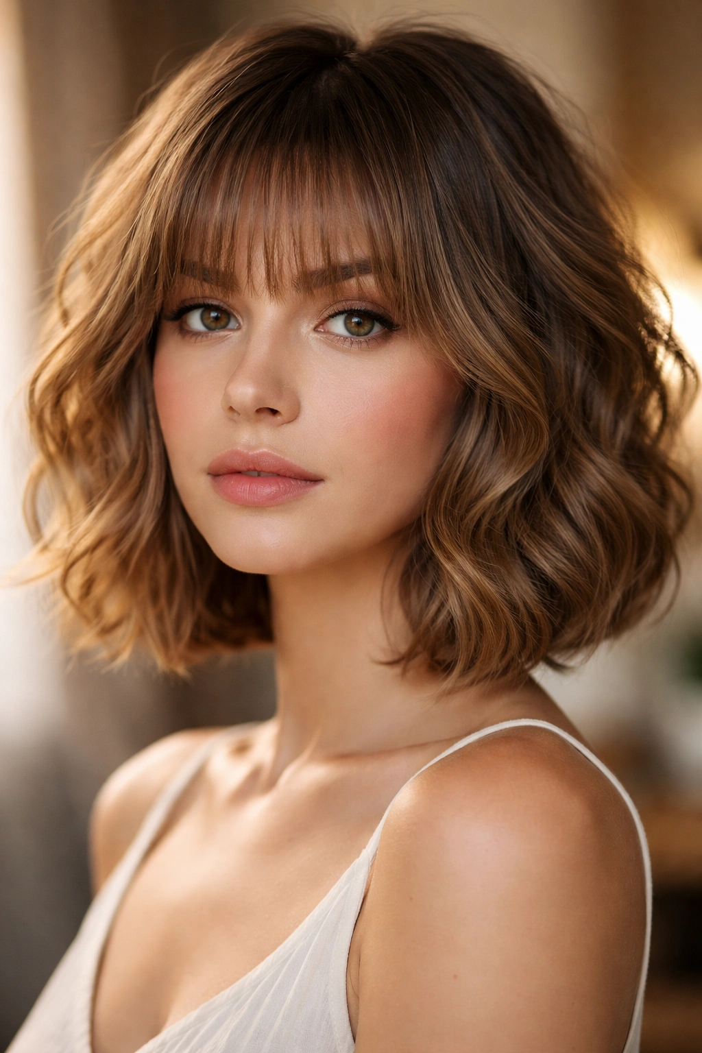 Wavy bob with airy fringe portrait in studio lighting.