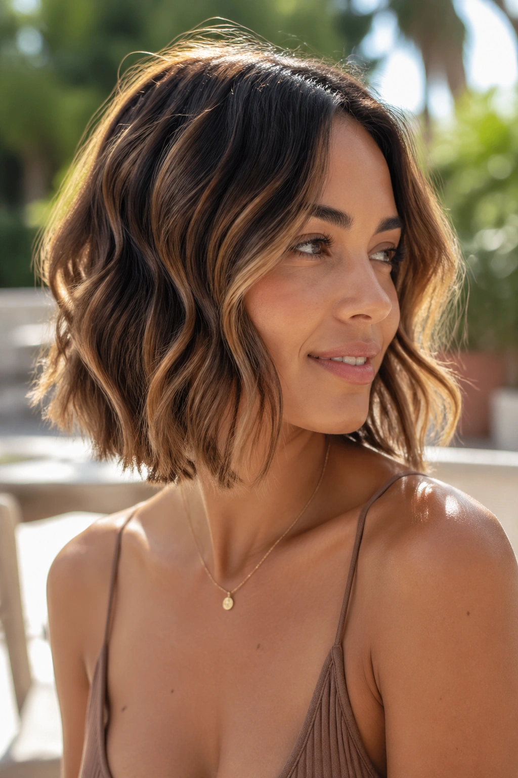 Close-up portrait of a real woman with Wavy Bob with Caramel Ribbons hair