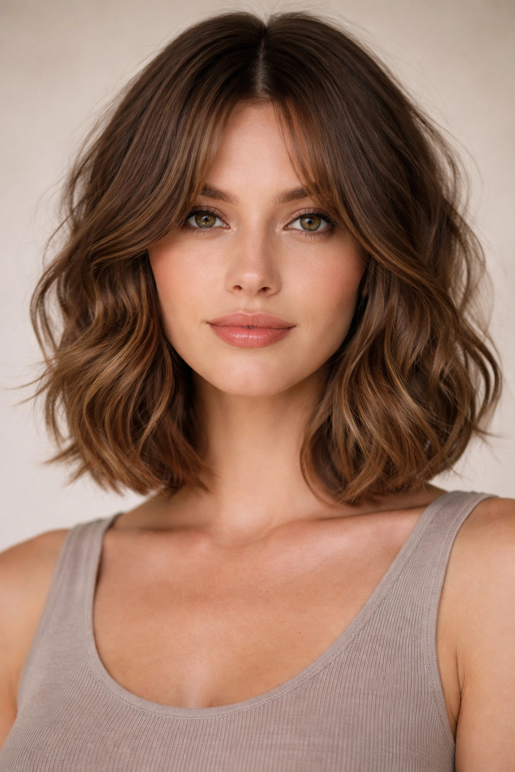 Wavy bob with center-part curtains showing soft, natural texture