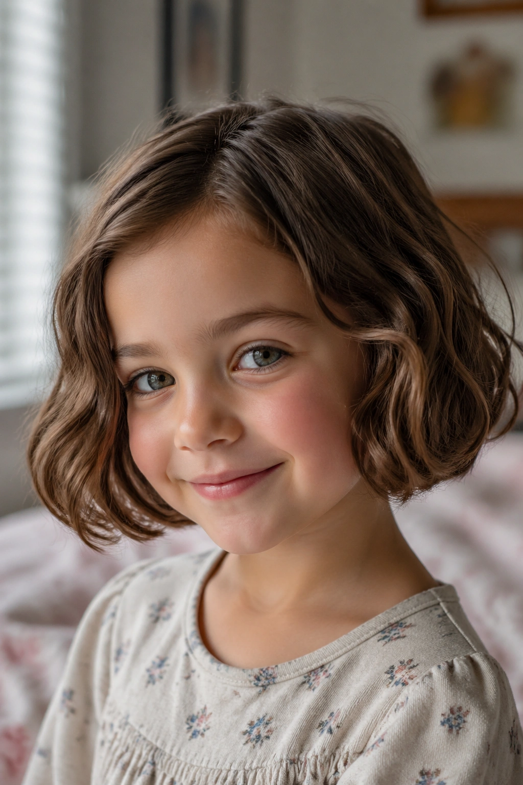 Close-up of a real child with a wavy air-dry bob in a sunlit bedroom