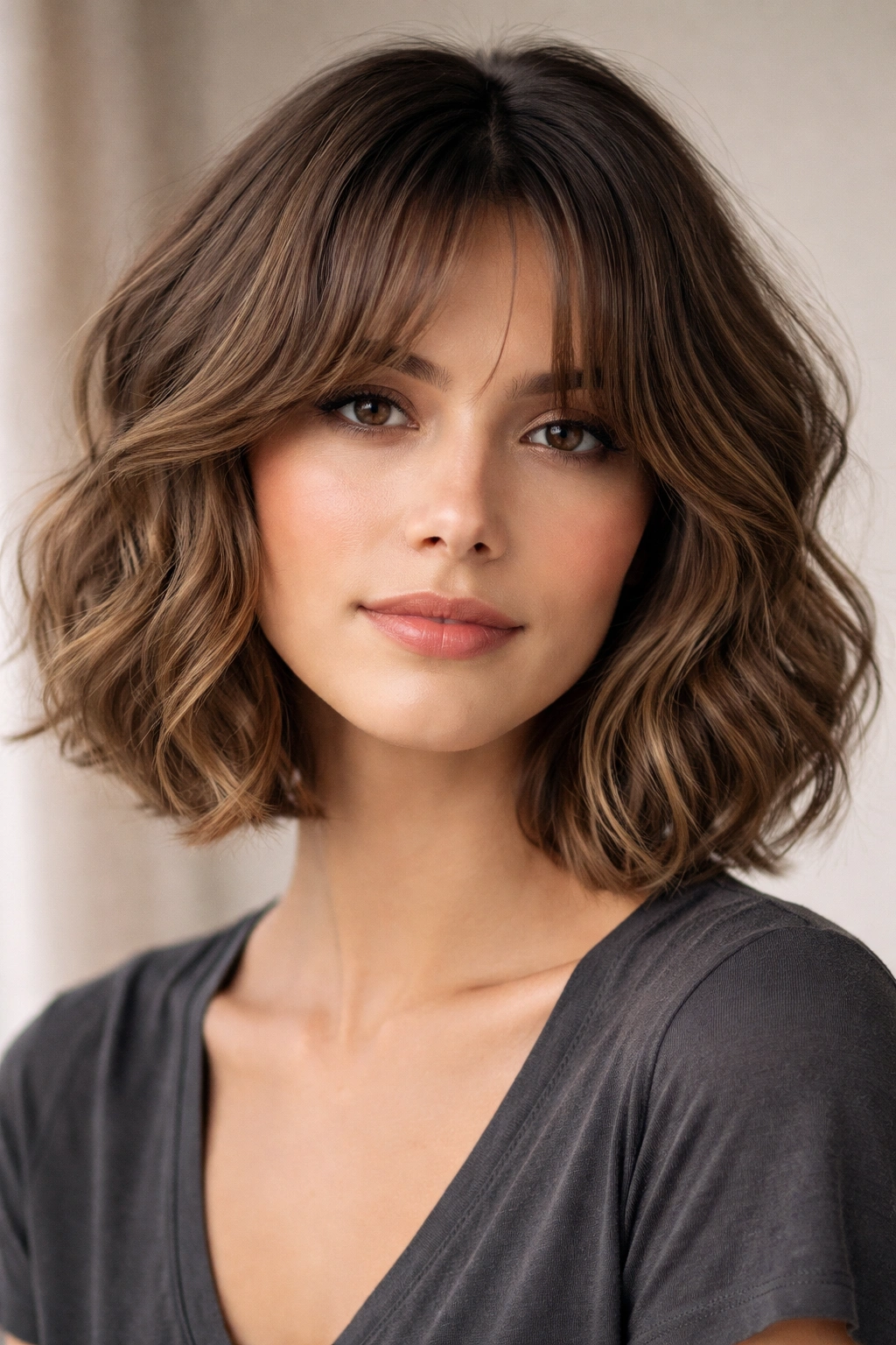 Wavy bob with curtain bangs showing middle-parted fringe
