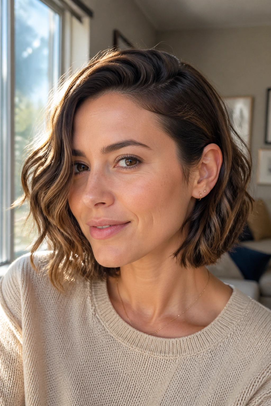 Portrait of a woman with wavy collarbone bob tucked behind one ear