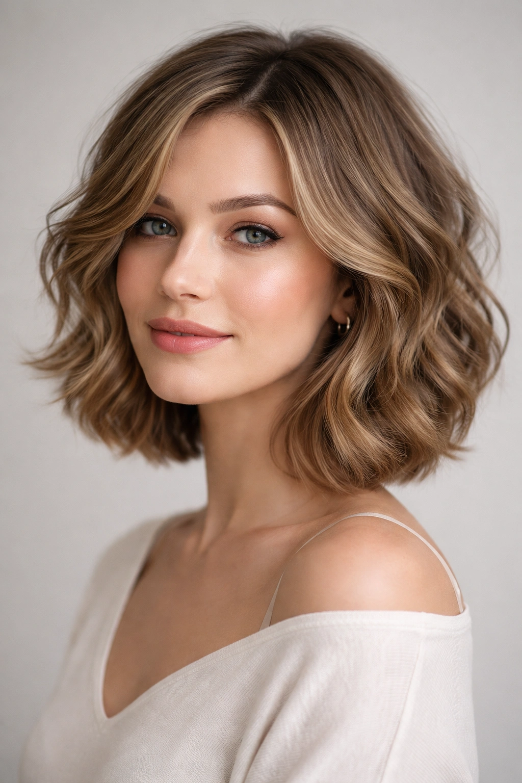 Close-up of a wavy bob with invisible layers showing soft movement around the cheeks and jaw