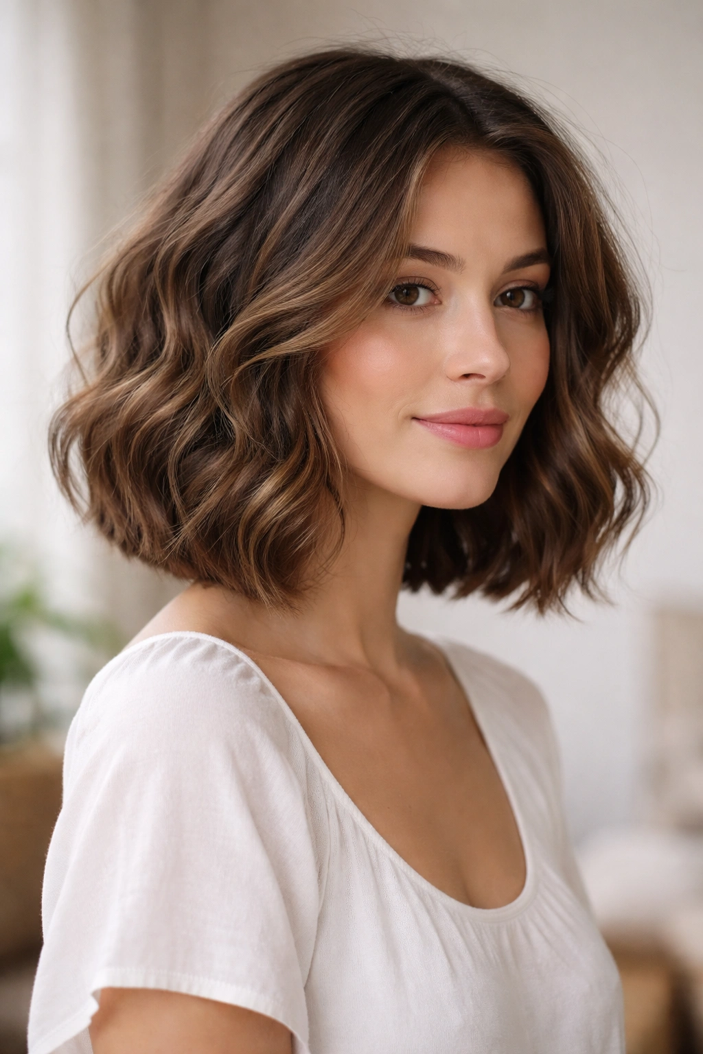 Wavy bob with invisible layers showing defined waves and a tidy perimeter