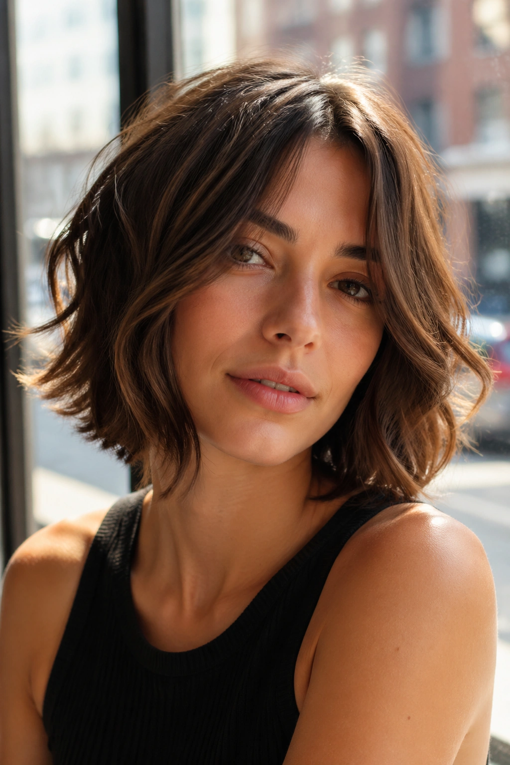 Close-up of a real person with a wavy bob and long layers in natural cafe light.