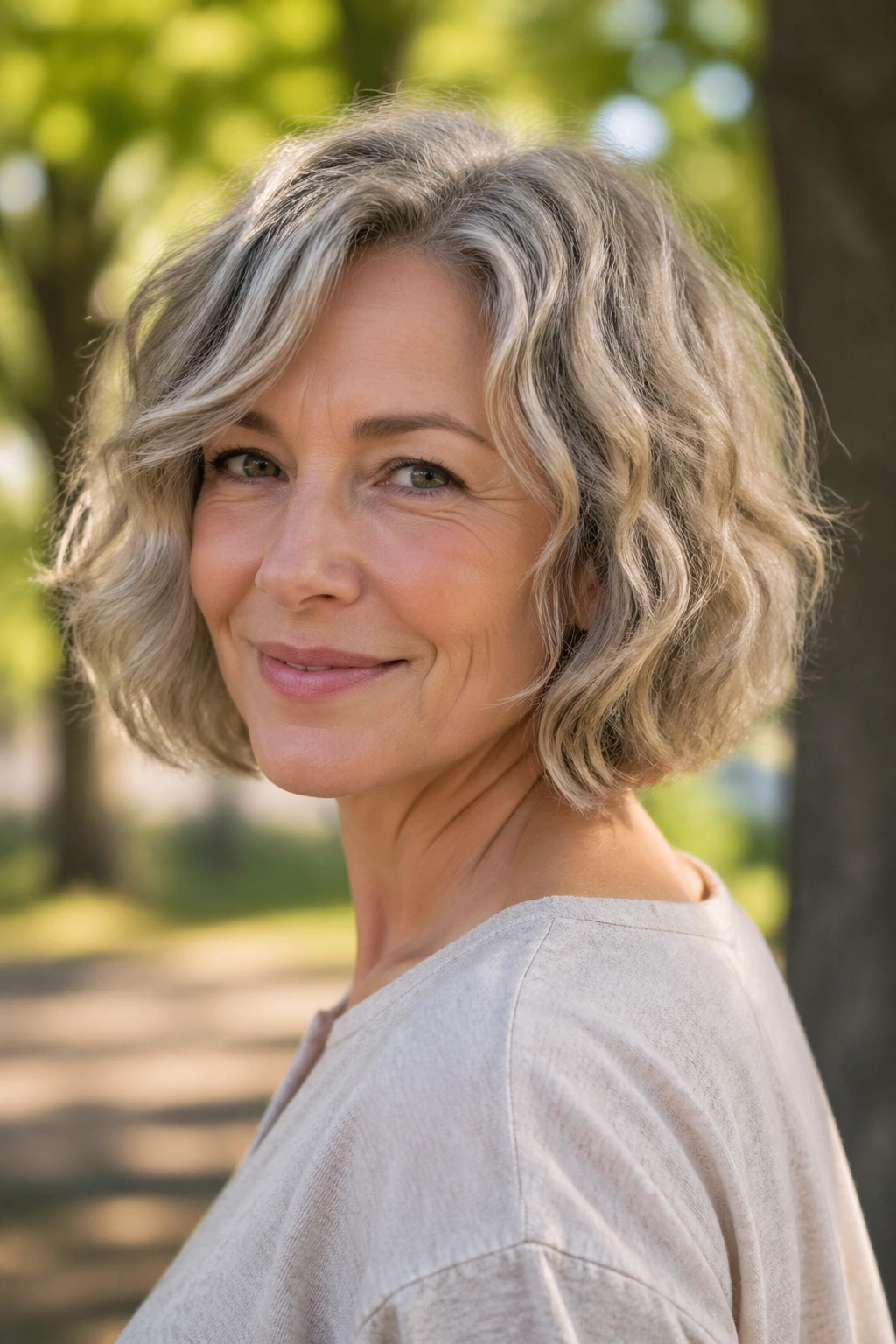 Close-up portrait of a real woman with a wavy bob showing natural movement in a park setting