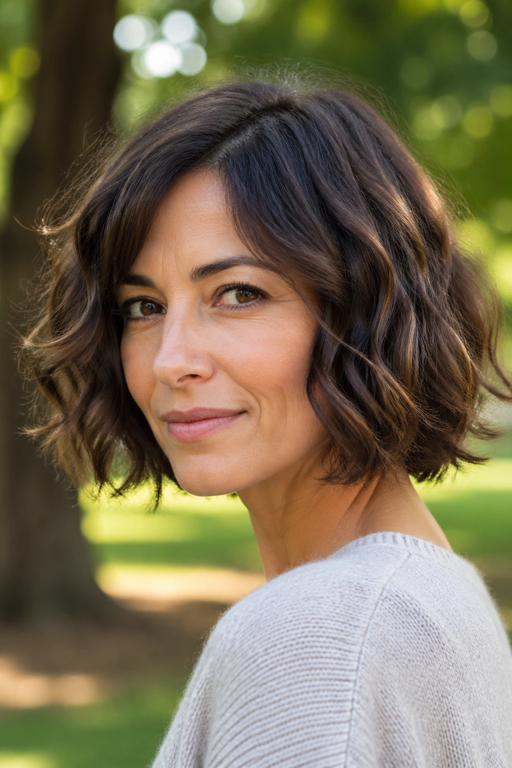 Wavy bob close-up with natural texture outdoors