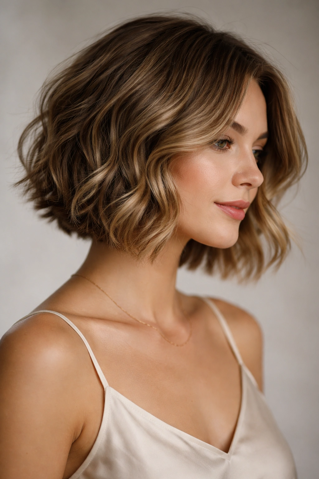Close-up of a chin-length wavy bob with soft razor ends showing movement
