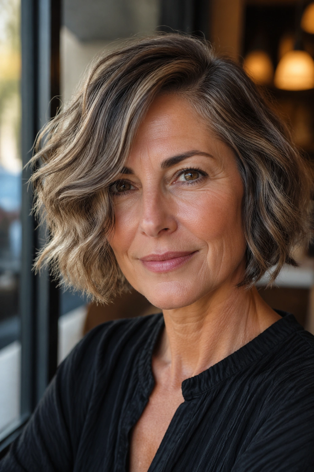 Portrait of a real woman with a wavy bob and side part