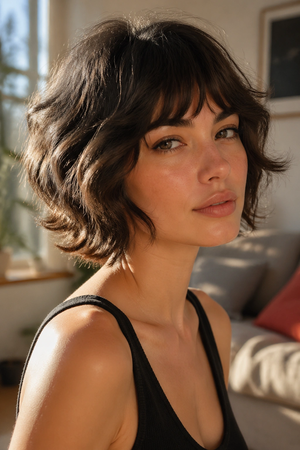 Close-up portrait of a real woman with a wavy French bob wolf cut with internal layers