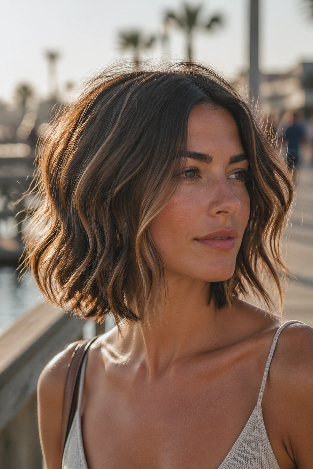 Close-up portrait of a real woman with a wavy collarbone bob in soft outdoor light