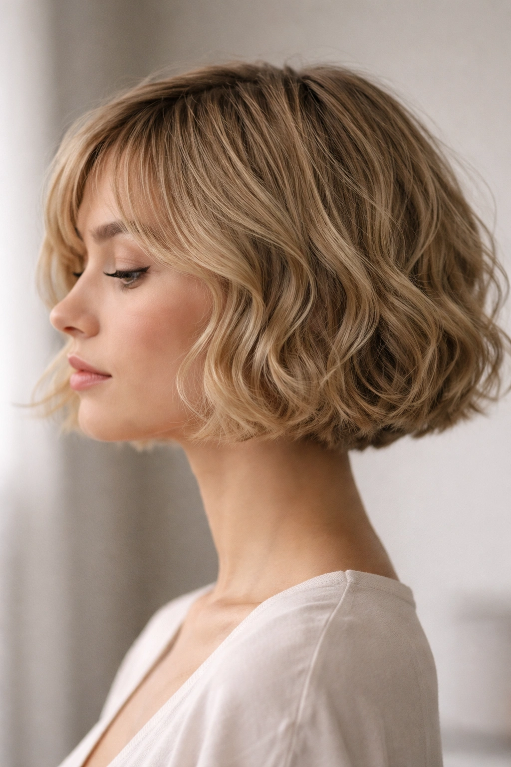 Wavy French bob on fine hair showing mid-length movement and bold bottom line