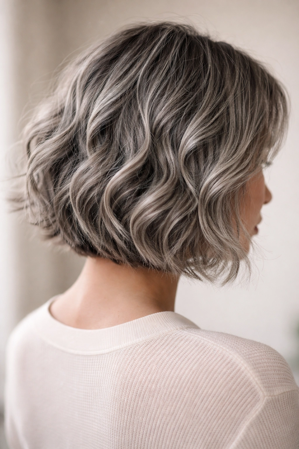 Wavy textured grey bob with loose waves and subtle shine.
