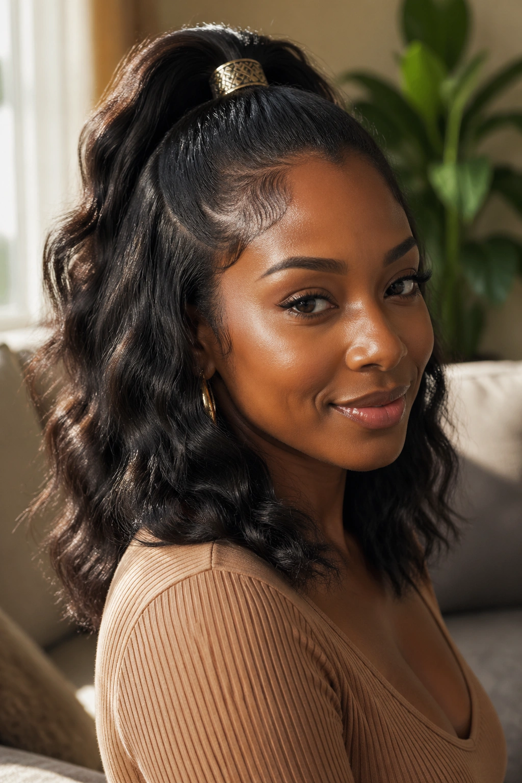 Close-up portrait of a woman with a wavy half-up hairstyle and decorative cuff