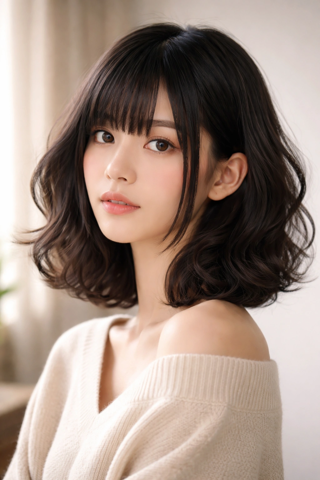 Wavy hime cut bob with crisp front frame and soft waves.