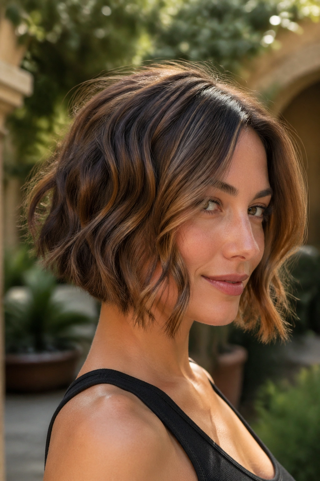 Close-up of a real woman with a wavy inverted bob and soft movement in a sunny outdoor space.
