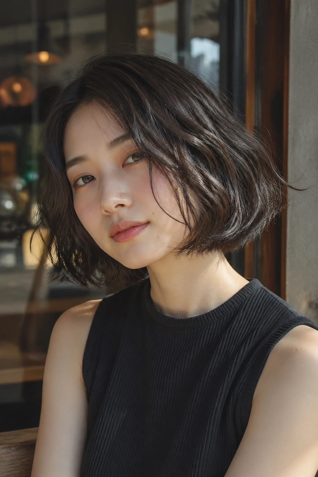 Close-up of a woman with a wavy Japanese bob and loose ends