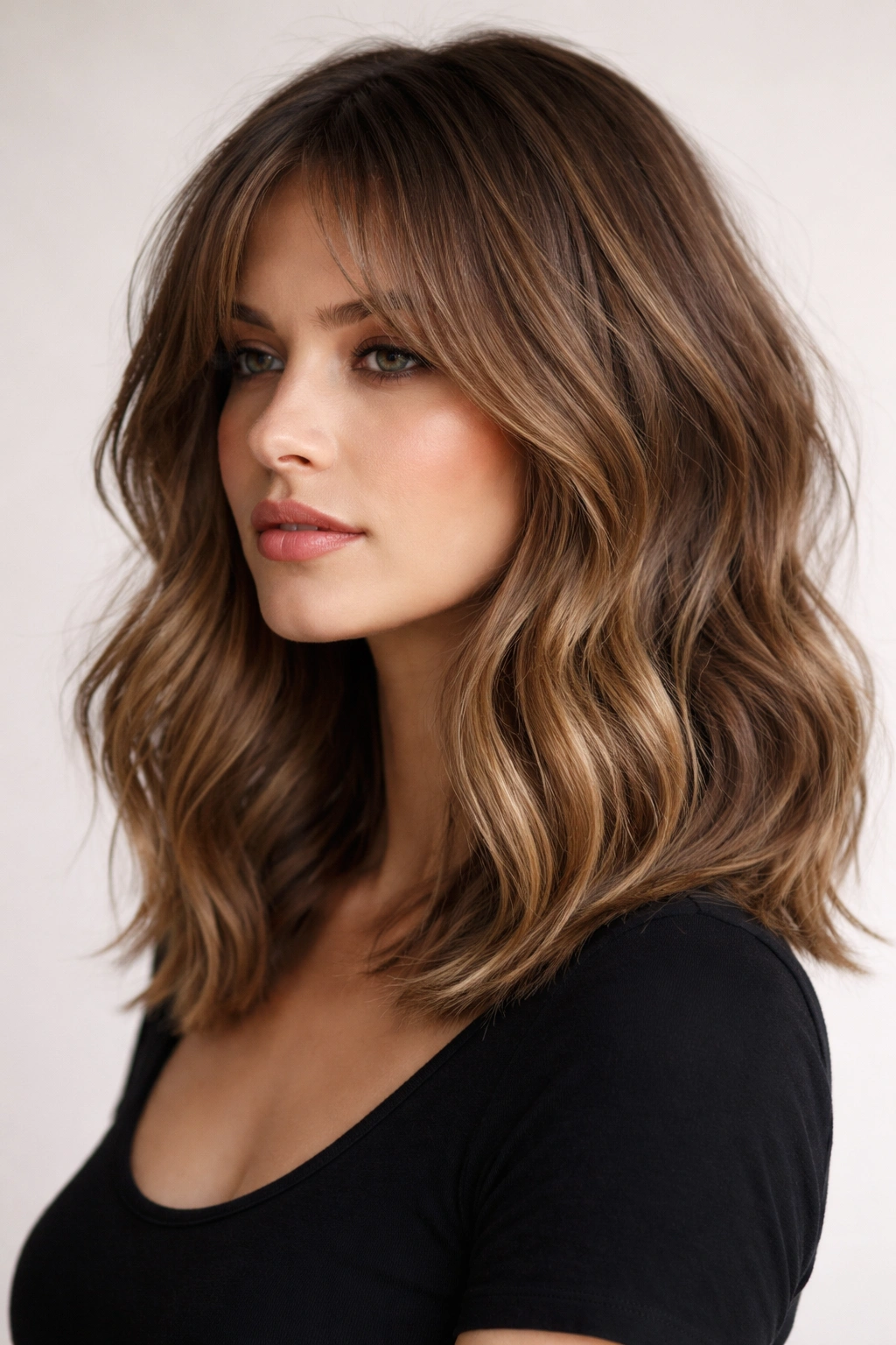 Wavy lob with curtain bangs and soft center part.