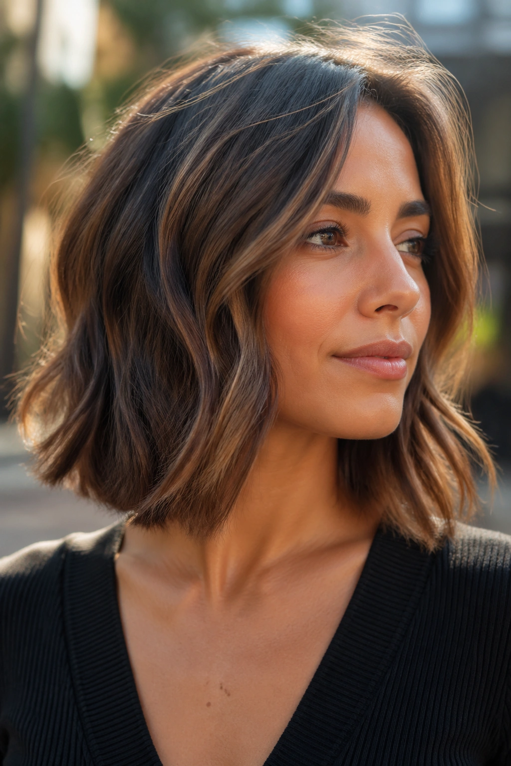 Close-up of a real woman with a wavy lob and invisible layers