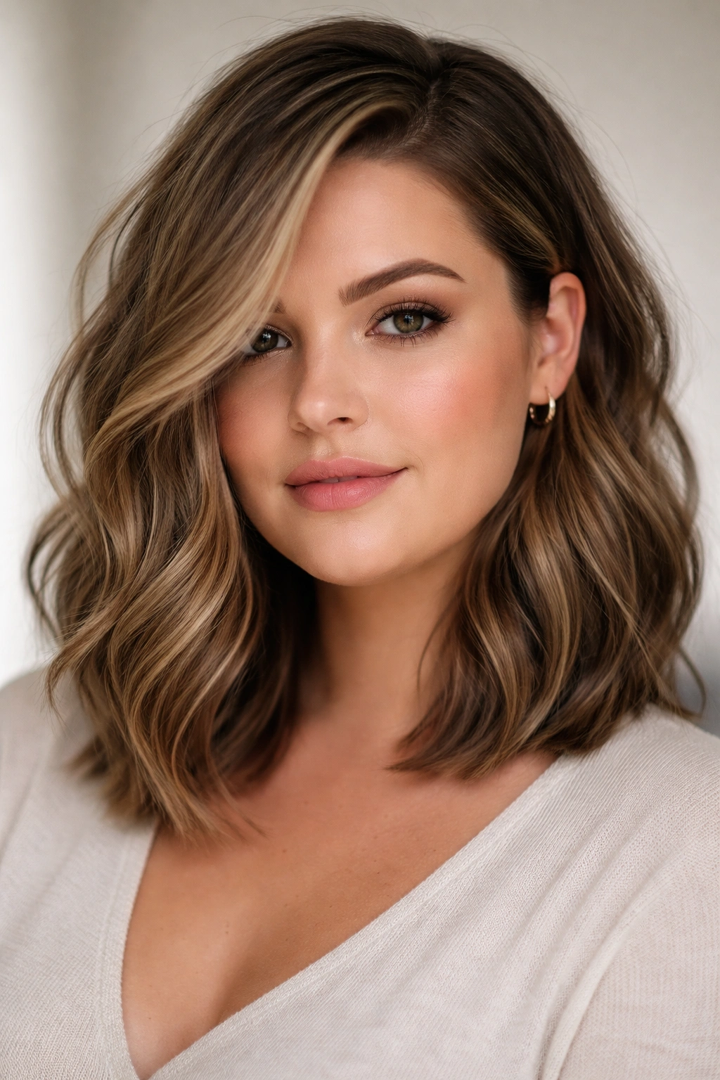Wavy lob with side sweep framing the face