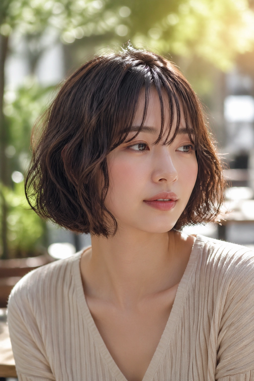 Portrait of a real woman with a wavy perm bob and soft bangs in outdoor sunlight