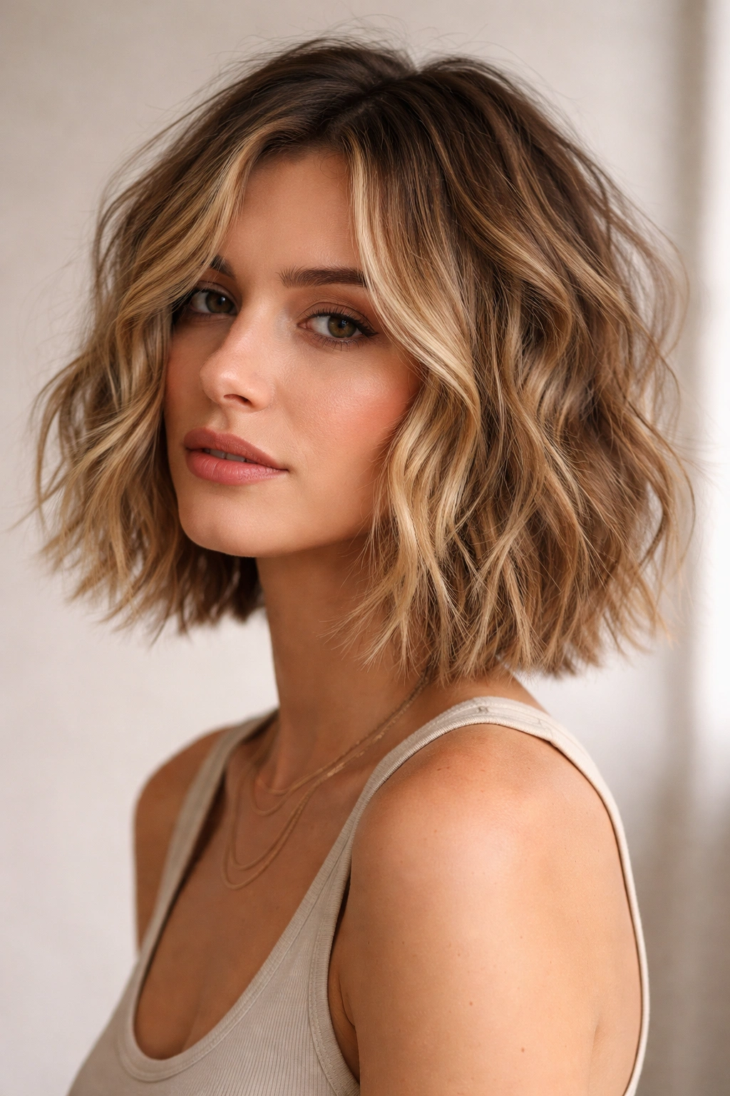 Wavy razor bob with broken-up ends showing natural texture