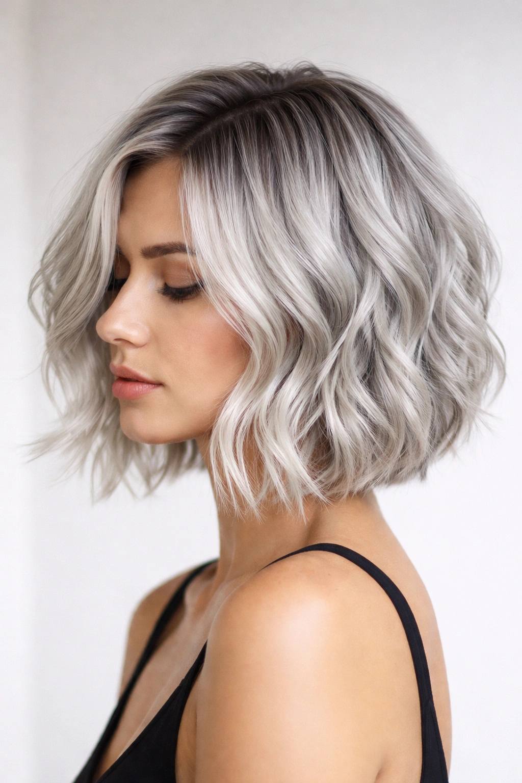 Wavy silver bob with root shadow adding depth and dimension