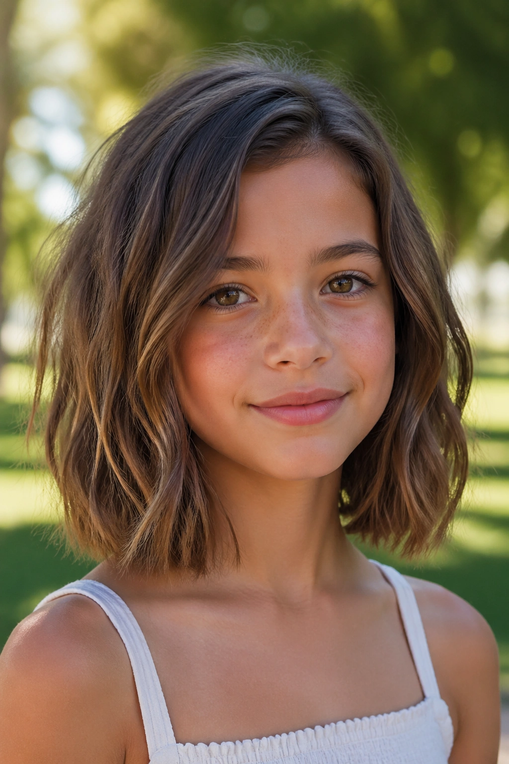 Real girl with a wavy textured lob in a sunlit park.