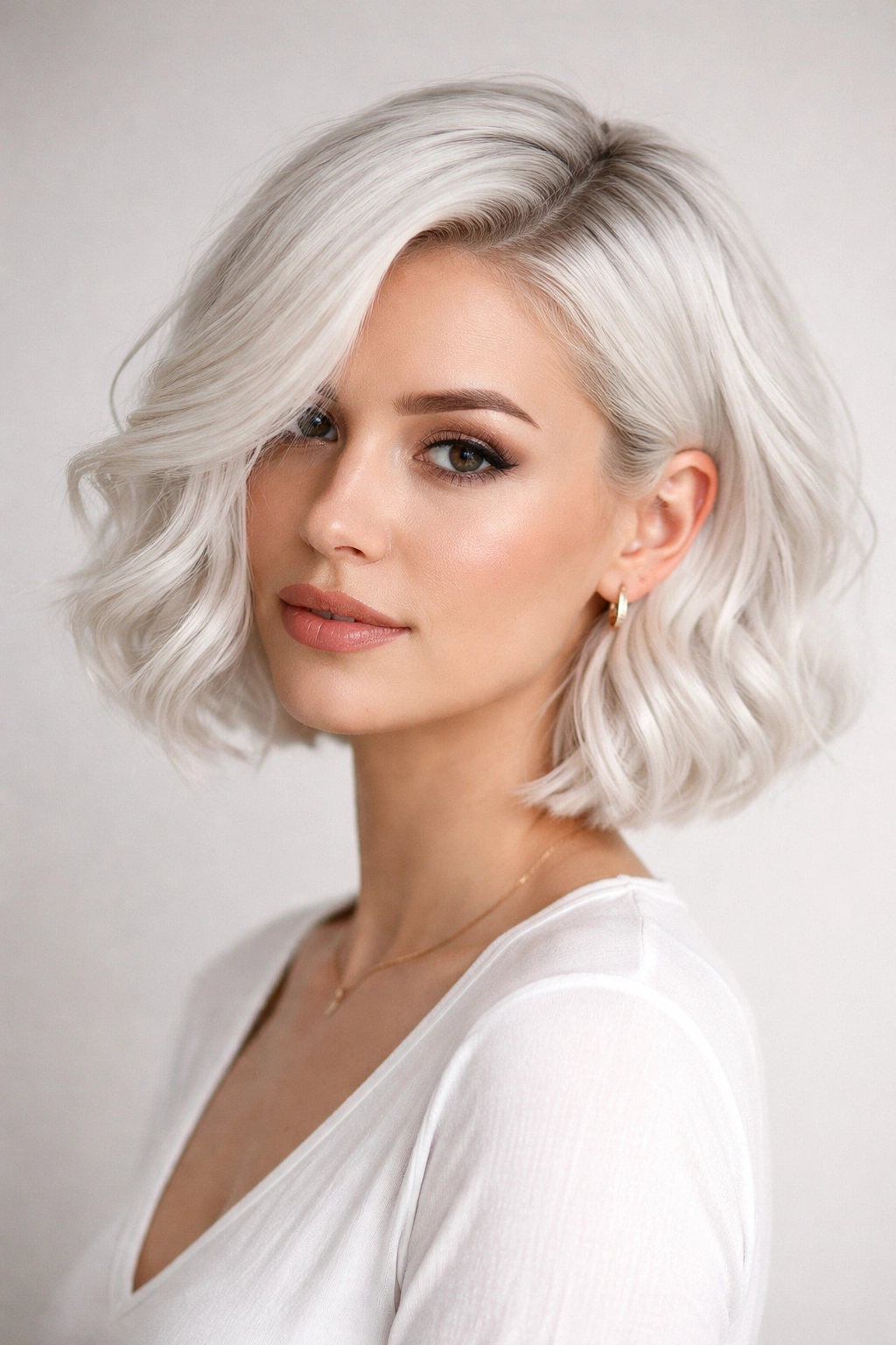 Wavy white bob with a side part showing gentle waves and crisp shape