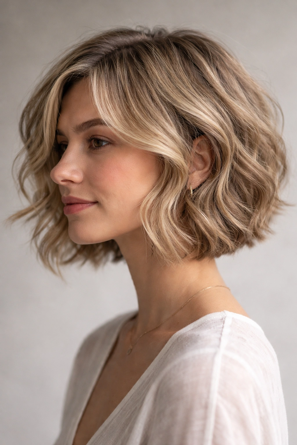 Close-up of jaw-length wavy wispy bob following natural texture in a soft studio.