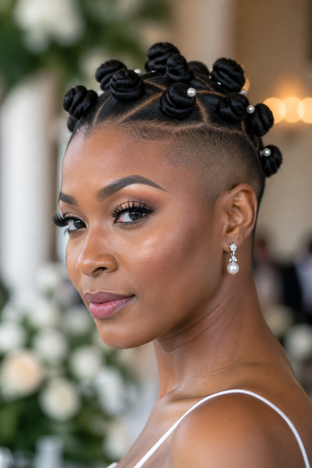Close-up of wedding-ready Bantu knots with shaved sides and pearl pins