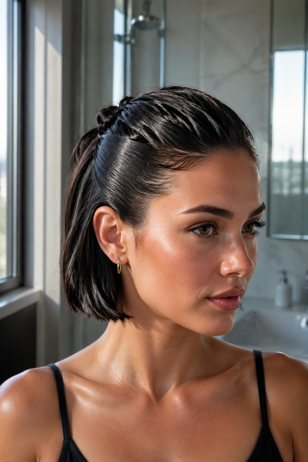 Real woman with wet-look half-up and clean sides on a chin-length bob