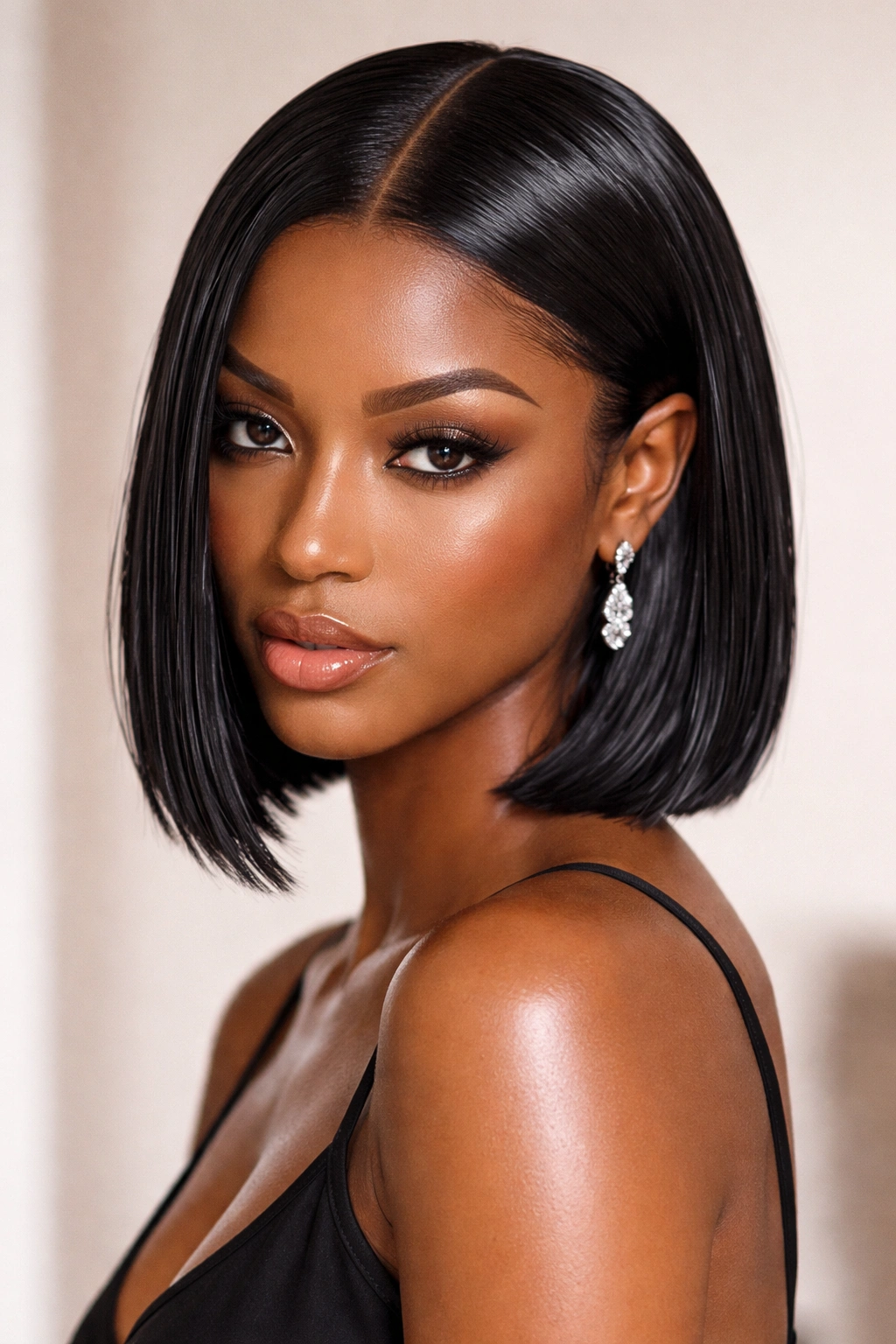Glossy wet-look bob with razor-part on Black hair