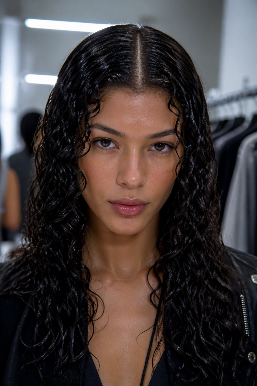 Close-up of a real person with wet-look center-part curls