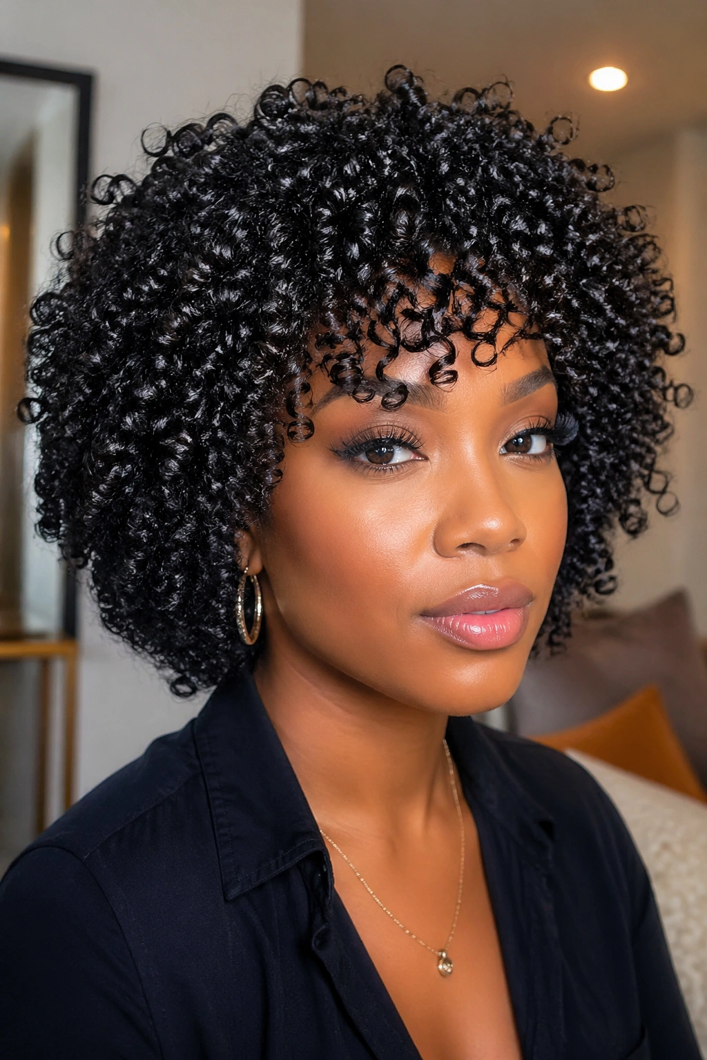 Real woman wearing a wet-look curly Afro wig with defined curls