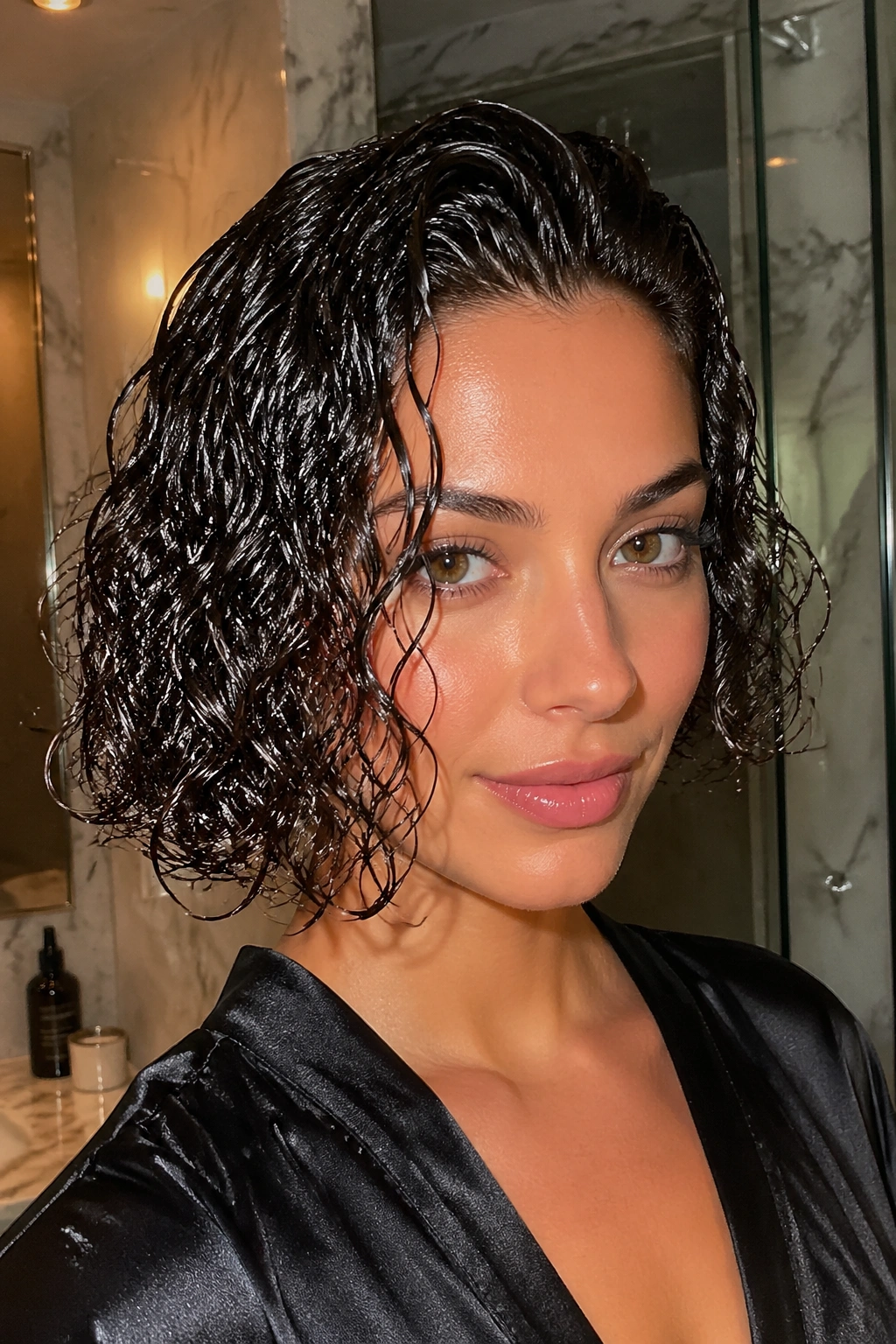 Close-up portrait of a real woman with a wet-look curly bob and glossy definition under warm lighting