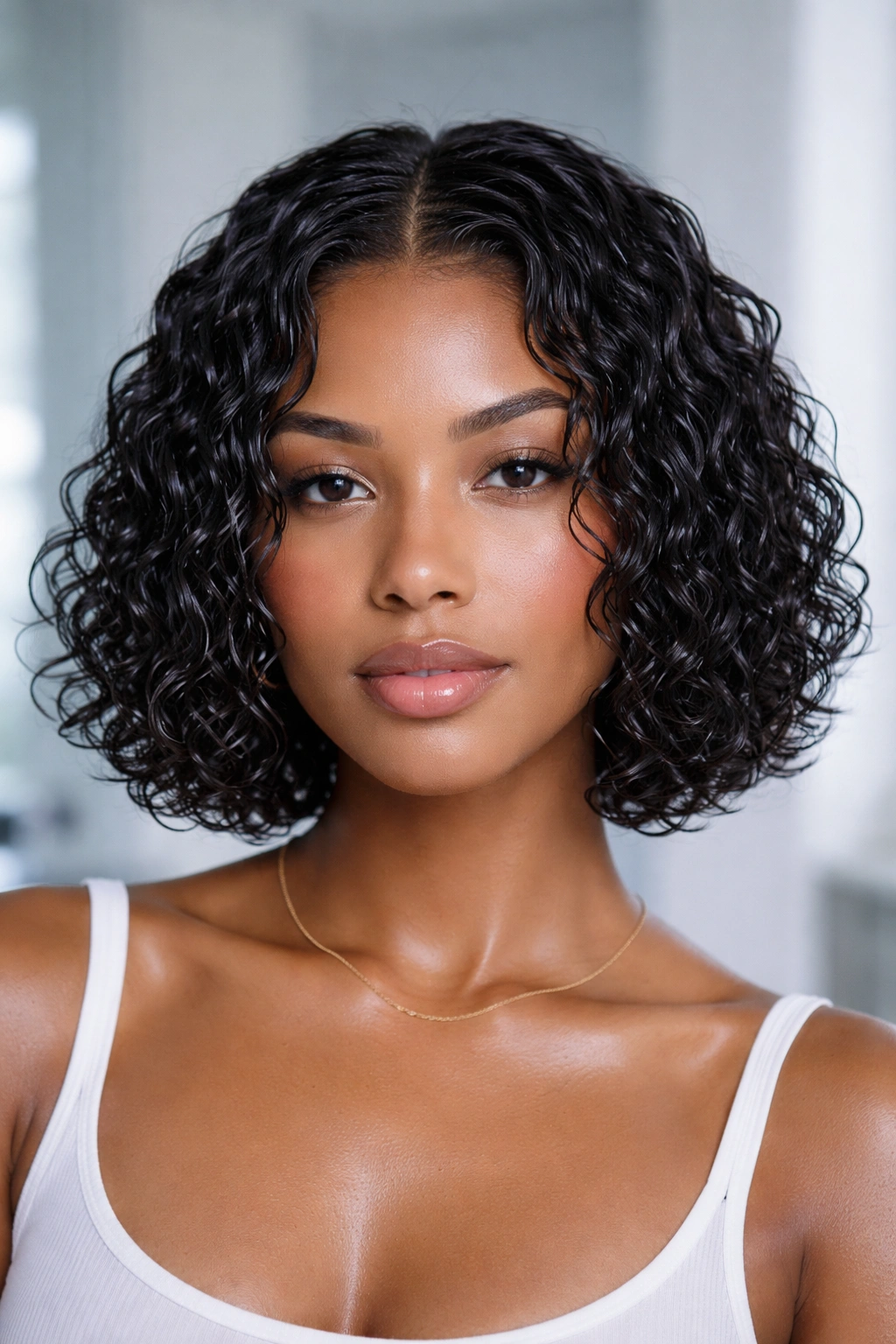 Wet-look curly bob with high shine and defined clumps