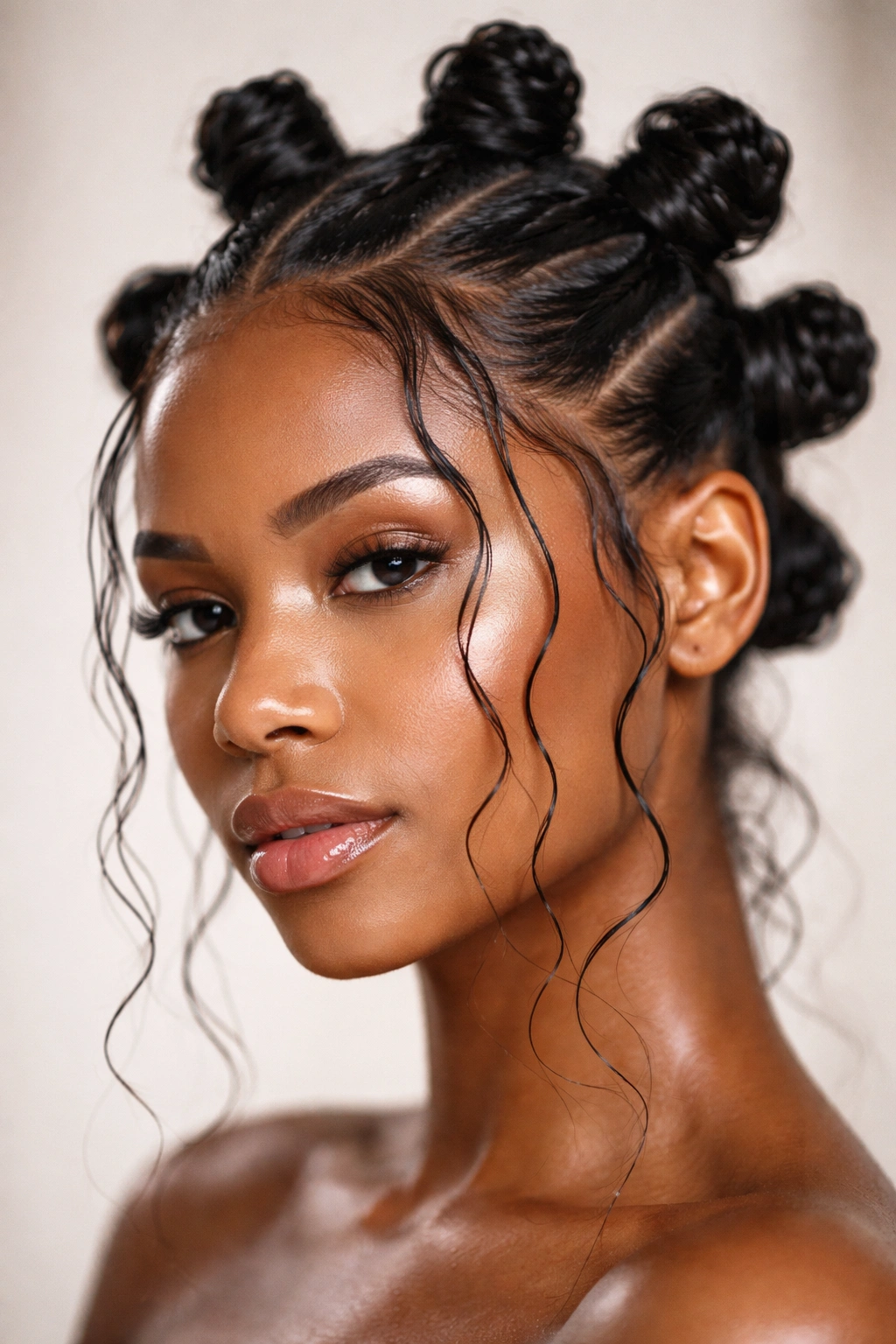 Close-up of wet-look Bantu knots with glossy roots and face-framing tendrils