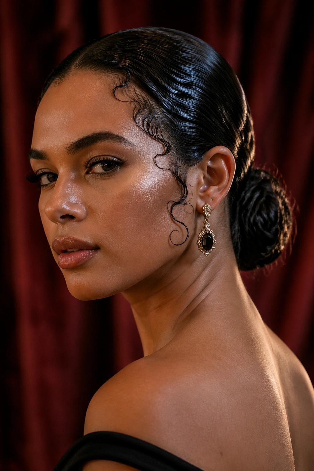 Close-up of real woman with a glossy wet-look low bun in a formal setting