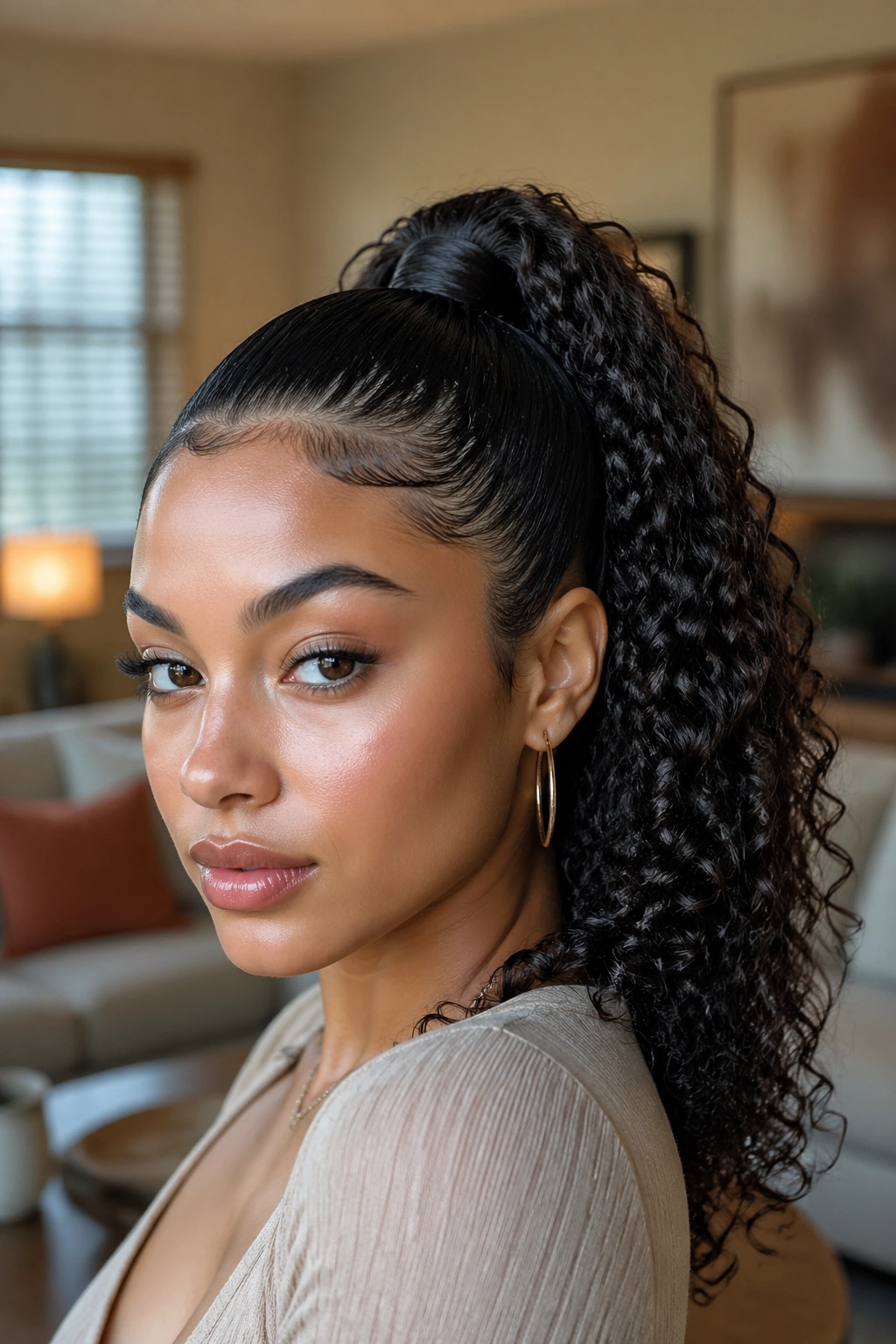 Close-up of wet-look high ponytail with glossy roots
